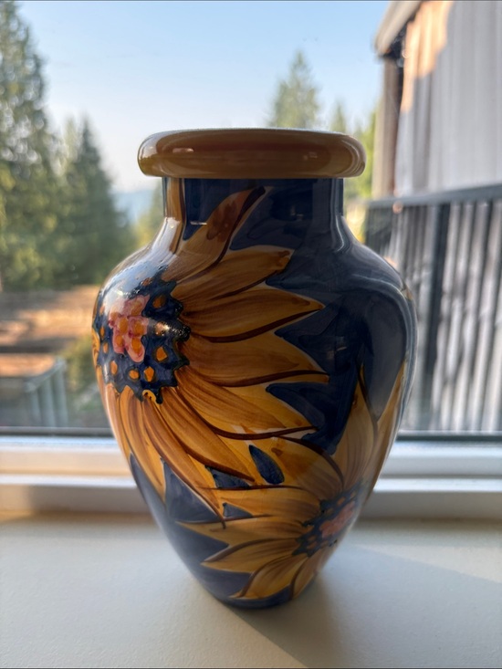 Countryman ceramics Other - Hand-Painted Sunflower Ceramic Vase in Deep Blue and Yellow